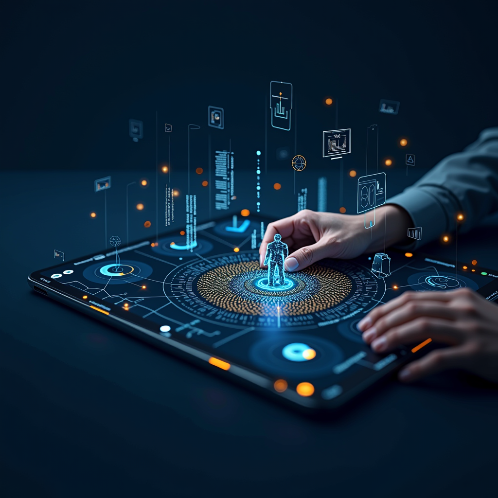 Rappresentazione visiva moderna della trasformazione digitale nel settore finanziario: interfaccia tecnologica con elementi di intelligenza artificiale, blockchain e sistemi di pagamento digitali, con grafici finanziari e codice binario sullo sfondo, palette di colori blu royal e oro