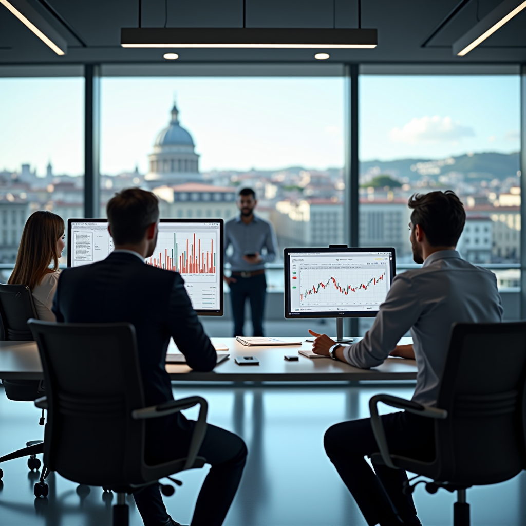 Ufficio moderno con professionisti finanziari che analizzano grafici e documenti su schermi digitali e tablet, ambiente professionale luminoso con vista su Torino
