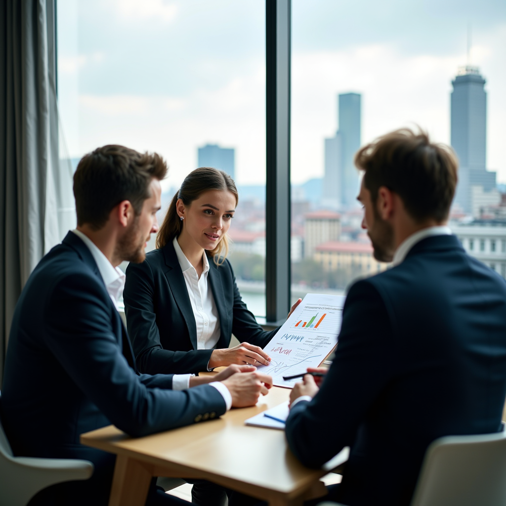 Consulenti finanziari professionisti che esaminano portafogli di investimento con clienti in un moderno ufficio di Torino con vista sullo skyline della città