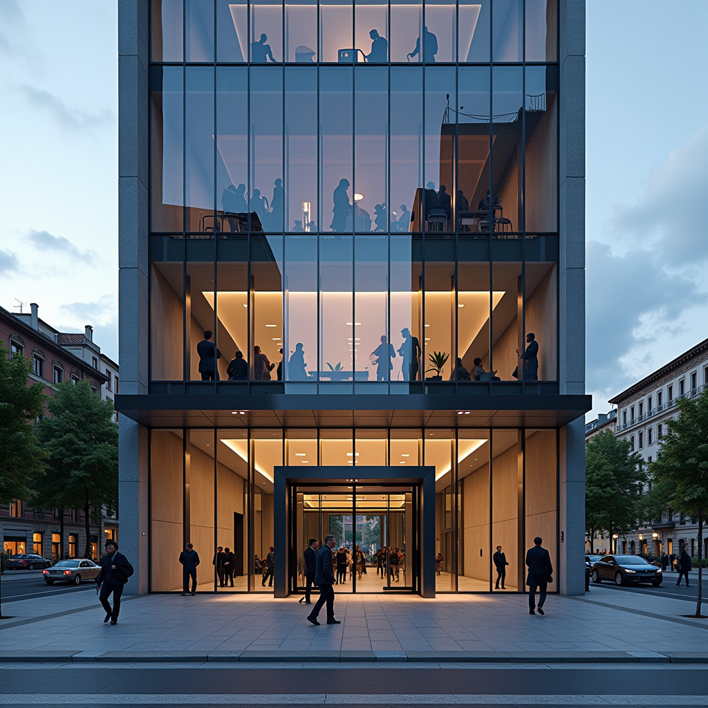 Edificio moderno nel distretto finanziario di Torino con facciata in vetro e professionisti che entrano nell'edificio