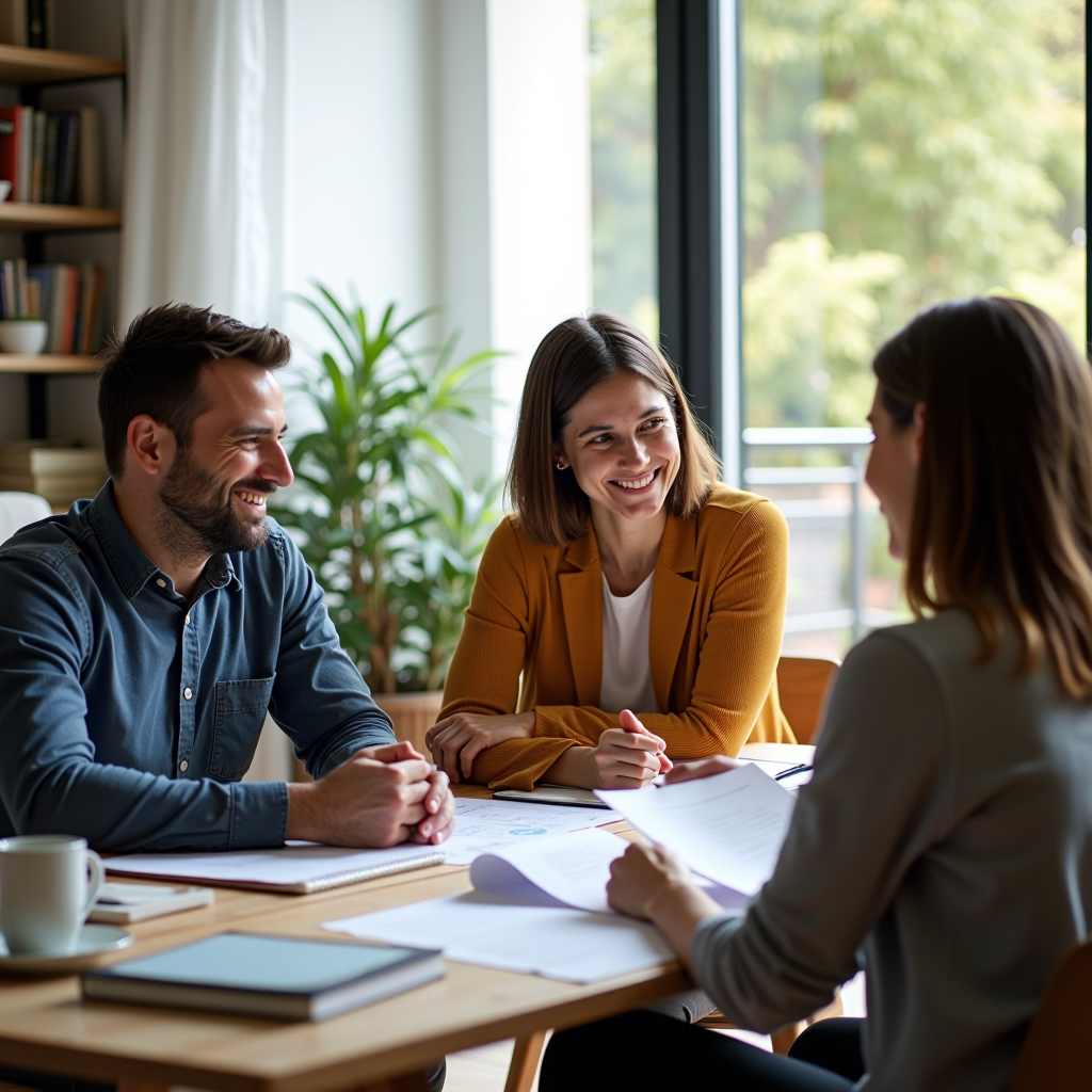Famiglia italiana sorridente in un moderno soggiorno luminoso che discute documenti finanziari con un consulente professionale, atmosfera calda e accogliente, luce naturale