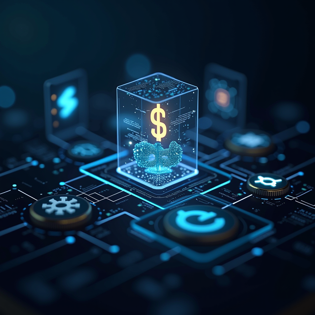 Rappresentazione moderna di tecnologia finanziaria con elementi di intelligenza artificiale, blockchain, interfacce digitali innovative e simboli di pagamento elettronico su sfondo tech elegante