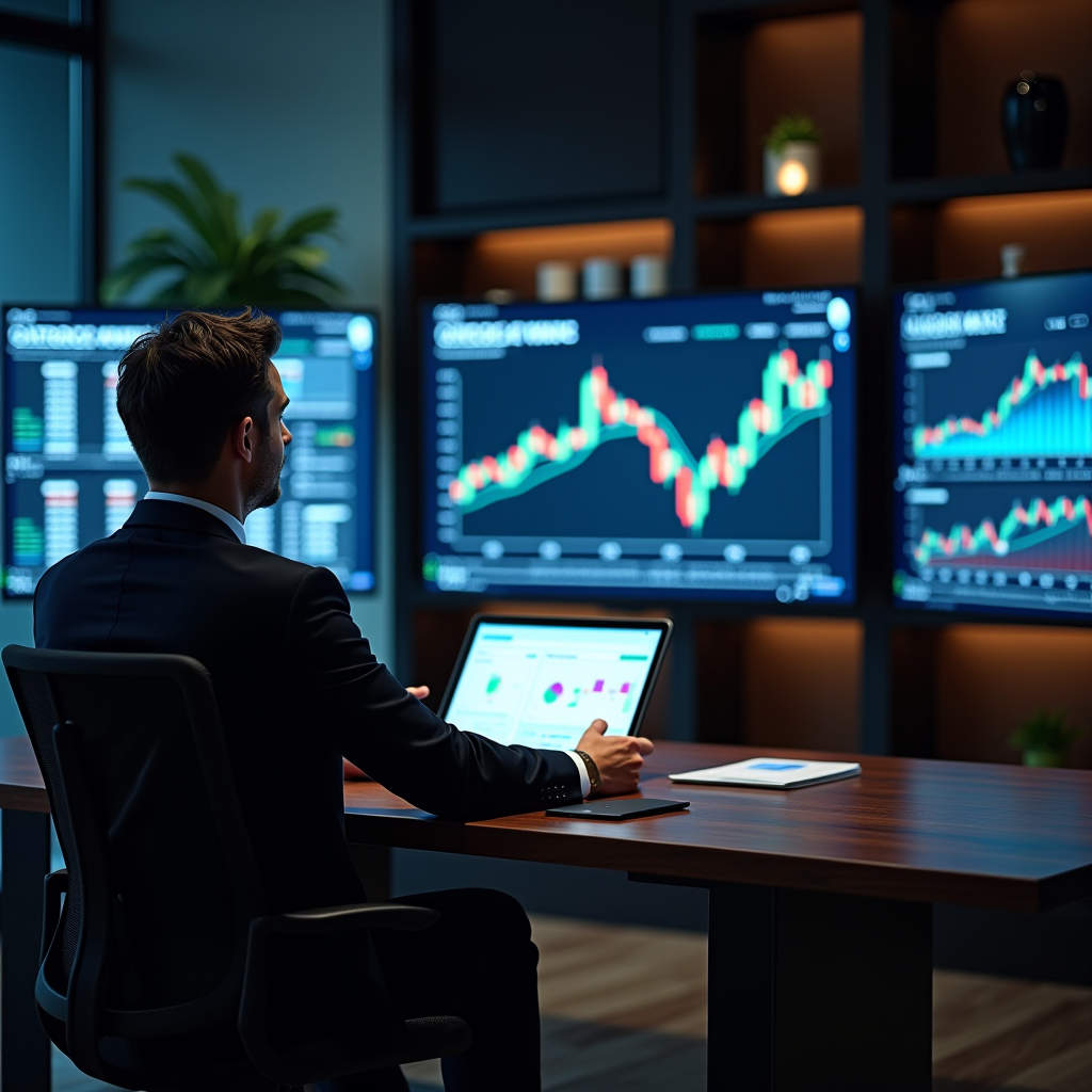 Elegante ufficio di consulenza finanziaria con grafici di performance su schermi moderni, consulente professionale che analizza portafogli diversificati, ambiente sofisticato e tecnologico