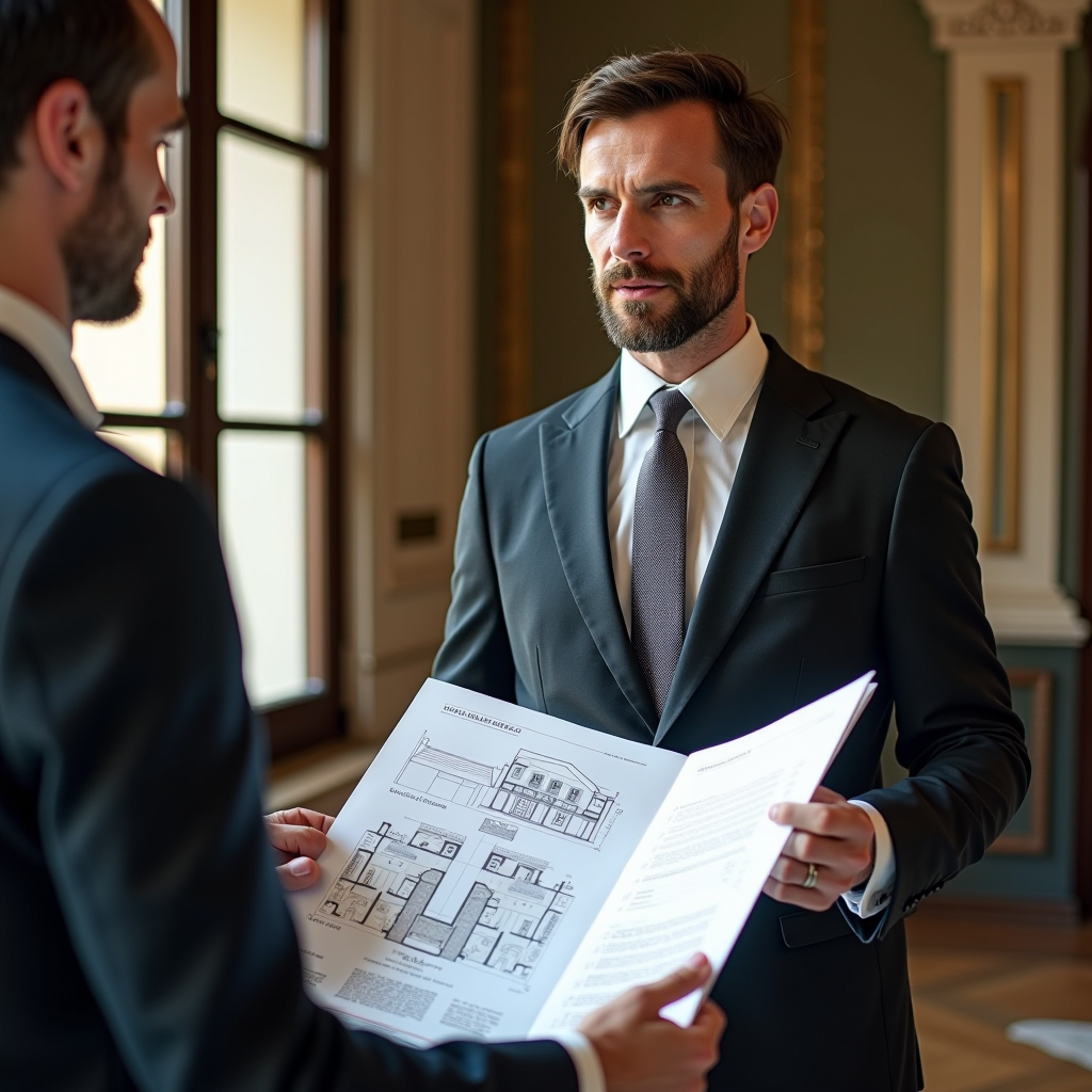 Elegante proprietà residenziale italiana con architettura classica piemontese, consulente immobiliare professionale che mostra planimetrie e documenti di valutazione, ambiente raffinato